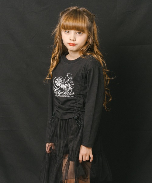 URBAN CHERRY（アーバンチェリー）の「【綿100%】丈が変わる2wayドローストコード付きポーカープリントロンＴ（Tシャツ/カットソー・キッズ・チャコール/ホワイト/ブラック/ブラウン・140cm/130cm/120cm/110cm/150cm）」の2枚目の写真