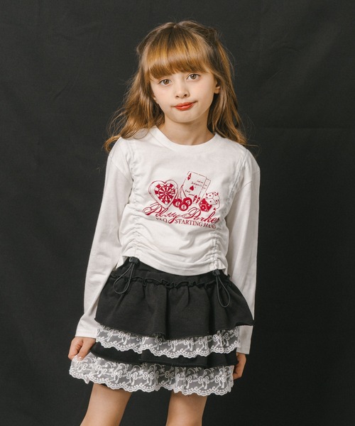 URBAN CHERRY（アーバンチェリー）の「【綿100%】丈が変わる2wayドローストコード付きポーカープリントロンＴ（Tシャツ/カットソー・キッズ・チャコール/ホワイト/ブラック/ブラウン・140cm/130cm/120cm/110cm/150cm）」の17枚目の写真