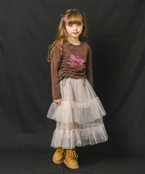 URBAN CHERRY（アーバンチェリー）の「【綿100%】丈が変わる2wayドローストコード付きポーカープリントロンＴ（Tシャツ/カットソー・キッズ・チャコール/ホワイト/ブラック/ブラウン・140cm/130cm/120cm/110cm/150cm）」の21枚目の写真