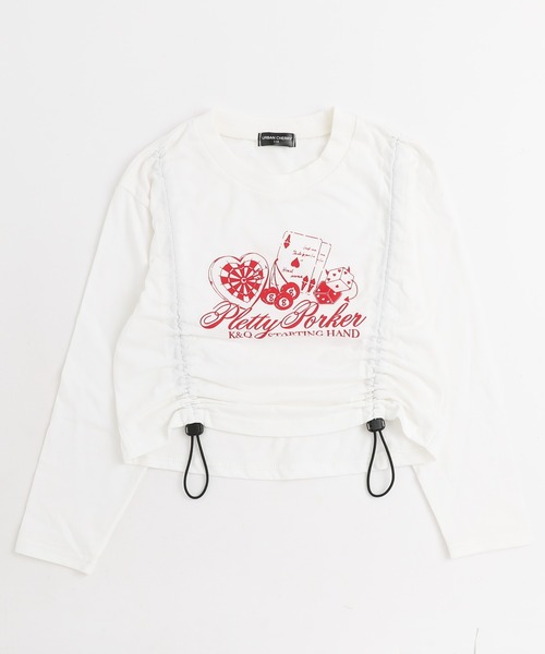 URBAN CHERRY（アーバンチェリー）の「【綿100%】丈が変わる2wayドローストコード付きポーカープリントロンＴ（Tシャツ/カットソー・キッズ・チャコール/ホワイト/ブラック/ブラウン・140cm/130cm/120cm/110cm/150cm）」の5枚目の写真