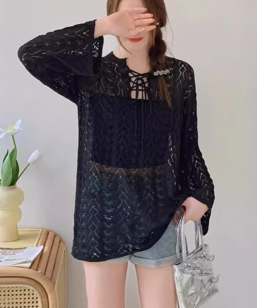 gossip!ロサンゼルス(ゴシップロサンゼルス)の「かぎ編み風 ベルスリーブプルオーバー(ニット/セーター・レディース・オフホワイト/ブラック・M)」の11枚目の写真