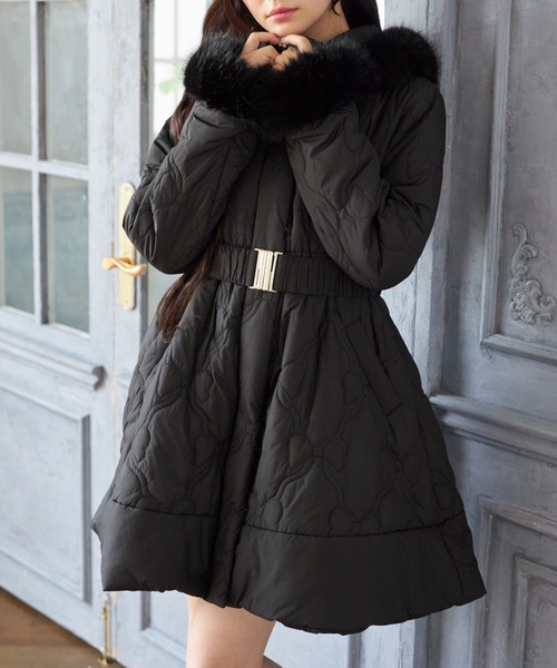 専用　取り外し可能なファー＆ベルト付きフィット＆フレアキルティングコート　黒 トッコクローゼット tocco closet 取り外し可能なファー＆ベルト付き