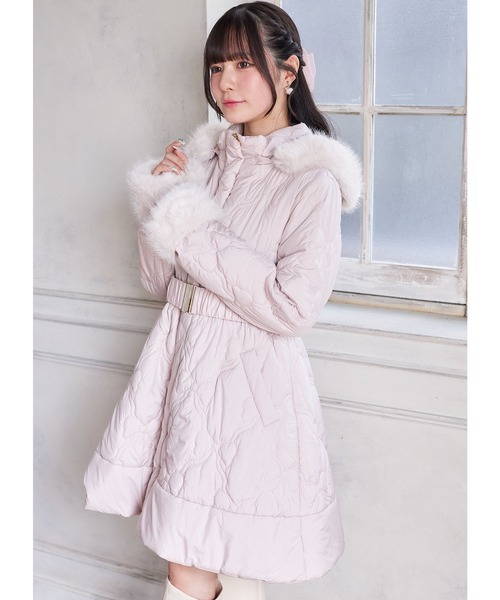 取り外し可能なファー＆ベルト付きリボンキルティングフィット＆フレア