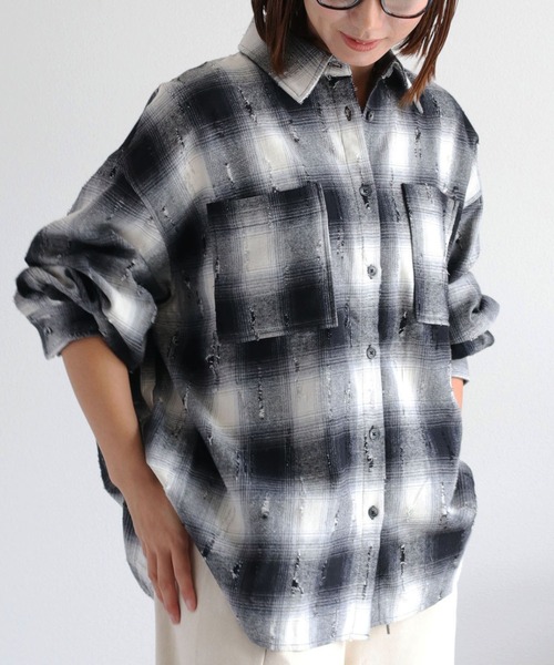 セール】〈チェック柄トップスをコーデの主役に♪〉クラッシュダメージ