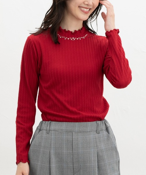 Honeys（ハニーズ）の「ビジュー付ハイネック（Tシャツ/カットソー・レディース・アイボリー/サックスブルー/スモークピンク/ライトグレー/レッド/ネイビー・L/LL/M/S）」の21枚目の写真