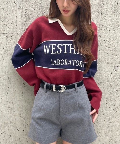 3.3 Field Trip （3.3フィールドトリップ）の「3.3 Field Trip／ロゴボーダーニット（ニット/セーター・レディース・ネイビー/ブラウン/ボルドー/ブルー・FREE）」の4枚目の写真