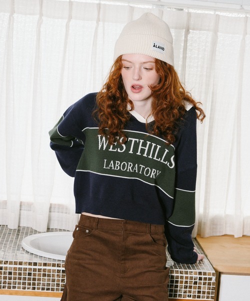 3.3 Field Trip （3.3フィールドトリップ）の「3.3 Field Trip／ロゴボーダーニット（ニット/セーター・レディース・ネイビー/ブラウン/ボルドー/ブルー・FREE）」の8枚目の写真