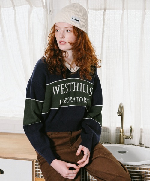 3.3 Field Trip （3.3フィールドトリップ）の「3.3 Field Trip／ロゴボーダーニット（ニット/セーター・レディース・ネイビー/ブラウン/ボルドー/ブルー・FREE）」の9枚目の写真