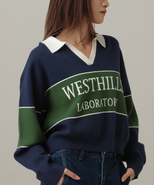 3.3 Field Trip （3.3フィールドトリップ）の「3.3 Field Trip／ロゴボーダーニット（ニット/セーター・レディース・ネイビー/ブラウン/ボルドー/ブルー・FREE）」の16枚目の写真