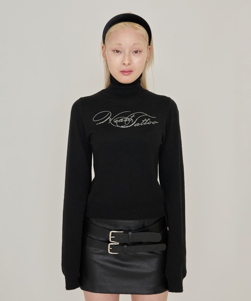 Heart Tattoo(ハートタトゥー)の「Heart tattoo rhinestone logo turtle Knit / ラインストーンロゴハイネックニット(ニット/セーター・レディース・ブラック/グリーン/ホワイト・FREE)」の4枚目の写真