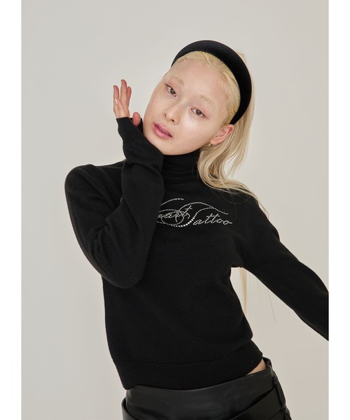 Heart Tattoo(ハートタトゥー)の「Heart tattoo rhinestone logo turtle Knit / ラインストーンロゴハイネックニット(ニット/セーター・レディース・ブラック/グリーン/ホワイト・FREE)」の8枚目の写真
