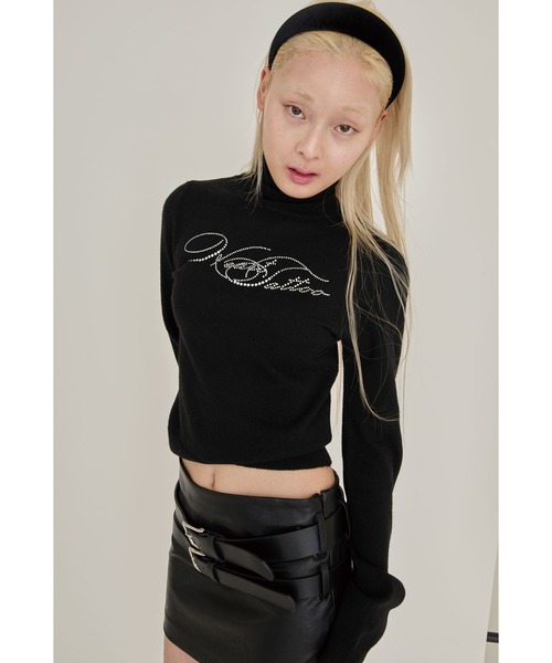Heart Tattoo(ハートタトゥー)の「Heart tattoo rhinestone logo turtle Knit / ラインストーンロゴハイネックニット(ニット/セーター・レディース・ブラック/グリーン/ホワイト・FREE)」の11枚目の写真