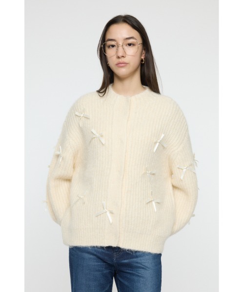 MOUSSY（マウジー）の「RIBBON FANCY カーディガン（カーディガン/ボレロ・レディース・ネイビー/アイボリー/杢グレー・FREE）」の2枚目の写真