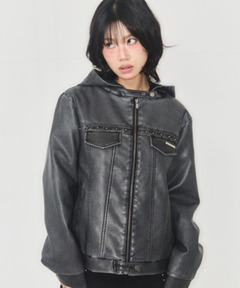 リックオウエンス・グレー レザー フード付き シングルライダースジャケット 訳有 ブランド古着】シングルライダースレザージャケット（ライダース