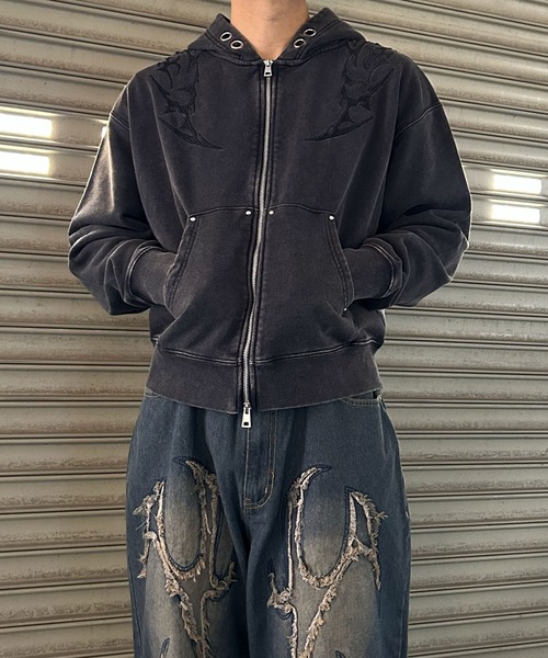 NYLAUS(ナイラス)の「【NYS】トライバル刺繍 ヴィンテージ アイレット ZIPパーカー ダブルジップパーカー ショート丈 ユニセックス(パーカー・メンズ・ブラウン/チャコール・L/M)」の14枚目の写真
