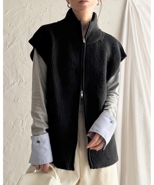 セール】ダブルジップアップハイネックオーバーサイズニットベスト