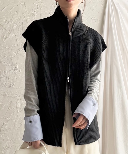 セール】ダブルジップアップハイネックオーバーサイズニットベスト