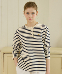 Neck Frill Stripe Long Sleeve - Navy