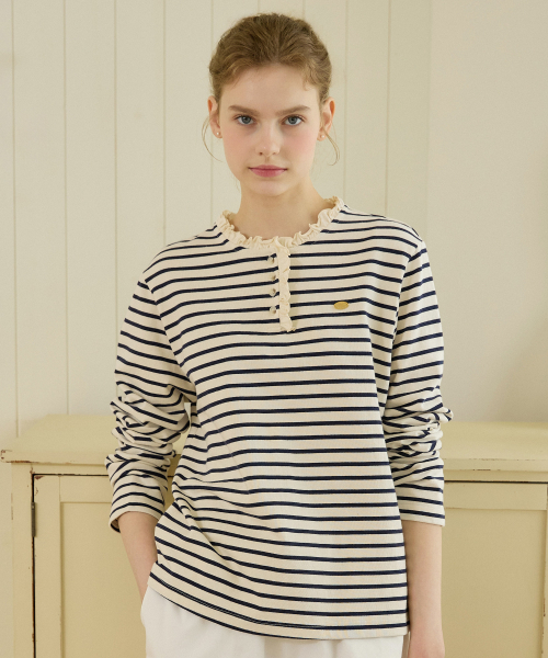 NONLOCAL(ノンローカル)の「Neck Frill Stripe Long Sleeve - Navy(Tシャツ/カットソー・レディース・その他・FREE)」の1枚目の写真