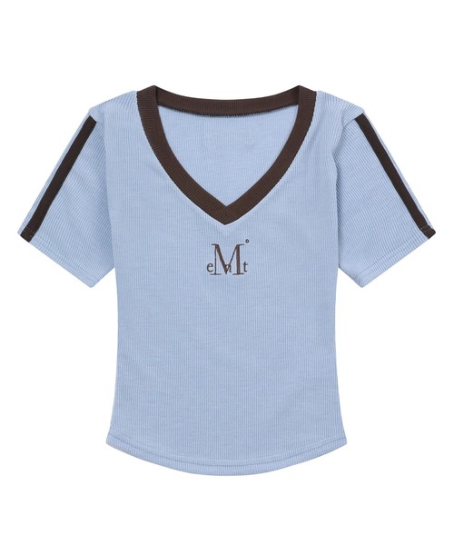 MUCENT(ムセント)の「【日本未発売/WEB限定】MUCENT(ムセント)/Vネック ライン クロップド ハーフ スリーブ Tシャツ/BINDING TRACK LINE HALF SLEEVE T(Tシャツ/カットソー・レディース・ネイビー/ベージュ/ブラック/ライトブルー・FREE)」の4枚目の写真