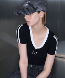 【日本未発売/WEB限定】MUCENT(ムセント)/Vネック ライン クロップド ハーフ スリーブ Tシャツ/BINDING TRACK LINE HALF SLEEVE T