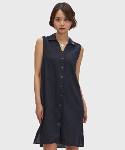 FRED PERRY(フレッドペリー)の「Sheer Stripe Sleeveless Dress/シアーストライプノースリーブワンピース(ワンピース・レディース・ブラック・8/10)」の1枚目の写真