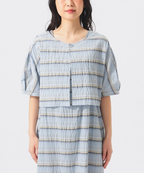 BEAMS BOY（ビームスボーイ）の「シャーリング ボーダー ショートスリーブ（シャツ/ブラウス・レディース・オフホワイト/サックスブルー・ONE SIZE）」の6枚目の写真