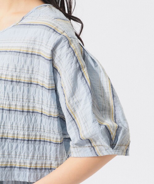BEAMS BOY（ビームスボーイ）の「シャーリング ボーダー ショートスリーブ（シャツ/ブラウス・レディース・オフホワイト/サックスブルー・ONE SIZE）」の8枚目の写真