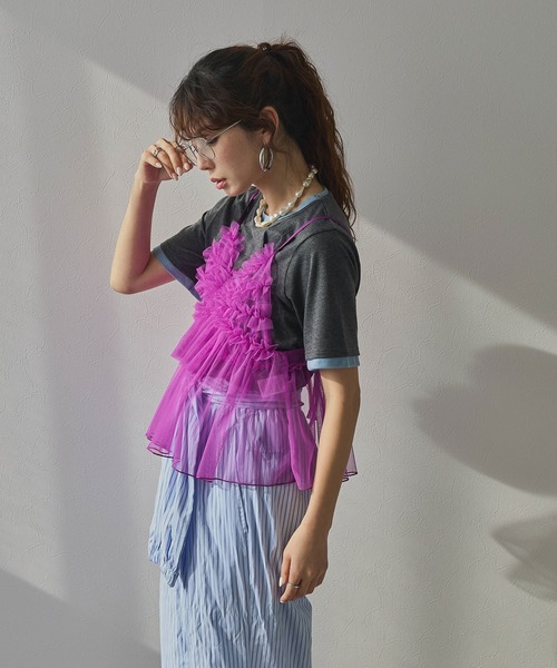 bohmal（ボマール）の「バイカラーロゴ刺繍タックデザインTシャツ（Tシャツ/カットソー・レディース・チャコールグレー/グレー/ブラウン・FREE）」の9枚目の写真