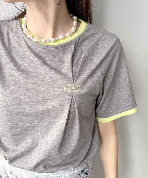 bohmal（ボマール）の「バイカラーロゴ刺繍タックデザインTシャツ（Tシャツ/カットソー・レディース・チャコールグレー/グレー/ブラウン・FREE）」の13枚目の写真