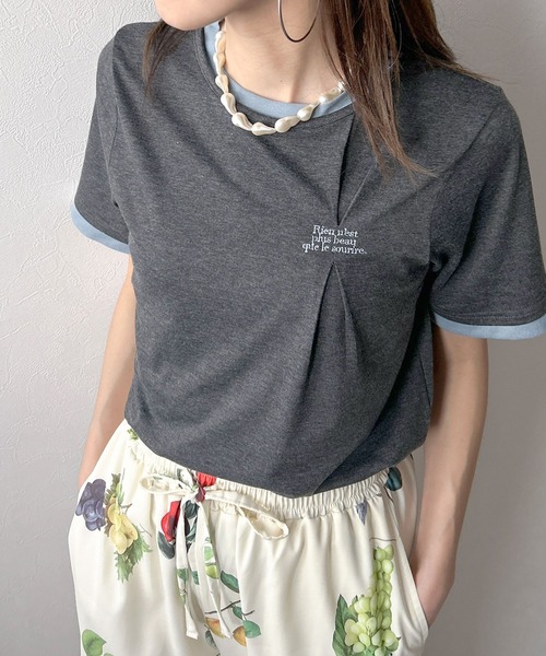 bohmal（ボマール）の「バイカラーロゴ刺繍タックデザインTシャツ（Tシャツ/カットソー・レディース・チャコールグレー/グレー/ブラウン・FREE）」の14枚目の写真