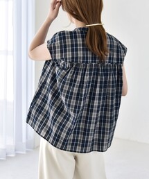 quaranciel:〈手洗い可能〉チェック ギャザー バンドカラー フレンチ シャツ
