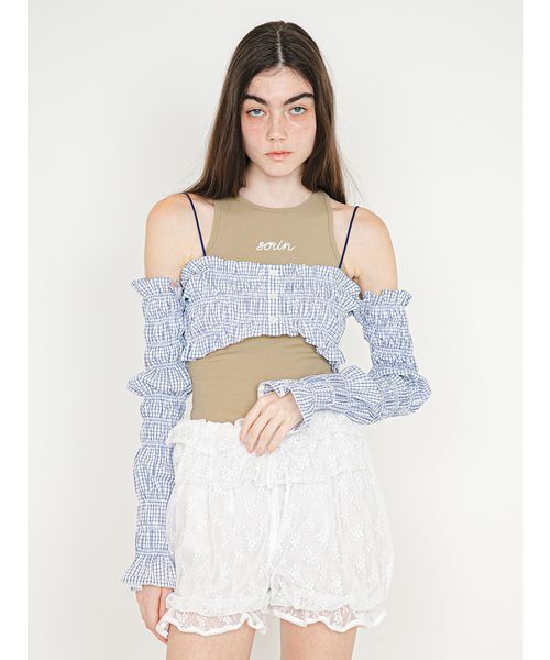 SORIN（ソリン　）の「【UVカット】Shirring Off Shoulder Bolero/シャーリングオフショルダーボレロ（Tシャツ/カットソー・レディース・ダークネイビー/ホワイト/チェック・38）」の13枚目の写真