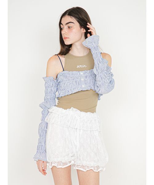 SORIN（ソリン　）の「【UVカット】Shirring Off Shoulder Bolero/シャーリングオフショルダーボレロ（Tシャツ/カットソー・レディース・ダークネイビー/ホワイト/チェック・38）」の14枚目の写真