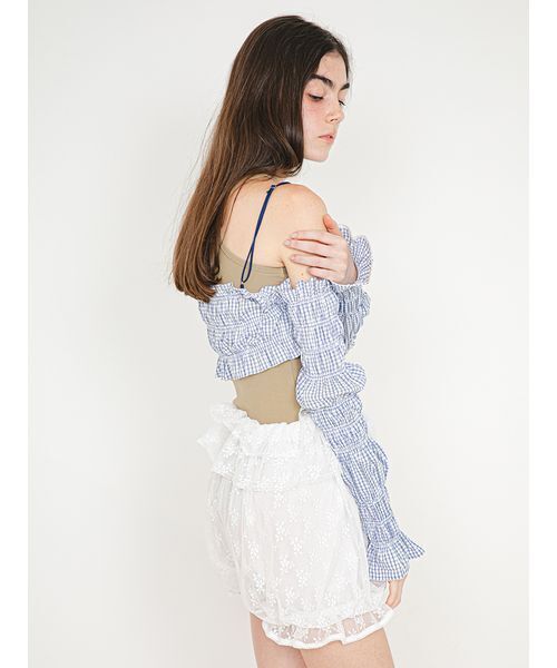 SORIN（ソリン　）の「【UVカット】Shirring Off Shoulder Bolero/シャーリングオフショルダーボレロ（Tシャツ/カットソー・レディース・ダークネイビー/ホワイト/チェック・38）」の15枚目の写真