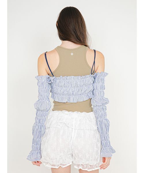 SORIN（ソリン　）の「【UVカット】Shirring Off Shoulder Bolero/シャーリングオフショルダーボレロ（Tシャツ/カットソー・レディース・ダークネイビー/ホワイト/チェック・38）」の7枚目の写真