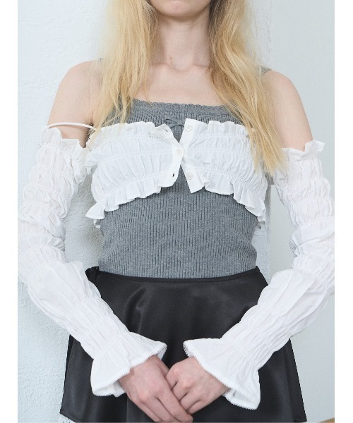 SORIN（ソリン　）の「【UVカット】Shirring Off Shoulder Bolero/シャーリングオフショルダーボレロ（Tシャツ/カットソー・レディース・ダークネイビー/ホワイト/チェック・38）」の2枚目の写真