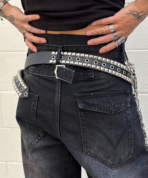 Never mind the XU(ネバーマインドザエックスユー)の「【Never mind the XU】studs washed wide denim pants / 【ネバーマインド ザ エックスユー】スタッズウォッシュドワイドデニムパンツ(デニムパンツ・メンズ・ブルー/ブラック・S/M)」の14枚目の写真