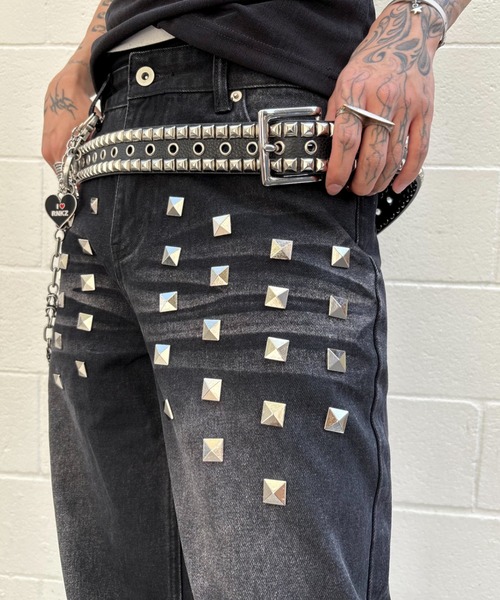 Never mind the XU(ネバーマインドザエックスユー)の「【Never mind the XU】studs washed wide denim pants / 【ネバーマインド ザ エックスユー】スタッズウォッシュドワイドデニムパンツ(デニムパンツ・メンズ・ブルー/ブラック・S/M)」の12枚目の写真