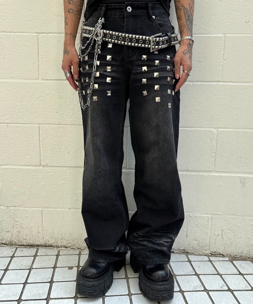Never mind the XU(ネバーマインドザエックスユー)の「【Never mind the XU】studs washed wide denim pants / 【ネバーマインド ザ エックスユー】スタッズウォッシュドワイドデニムパンツ(デニムパンツ・メンズ・ブルー/ブラック・S/M)」の9枚目の写真