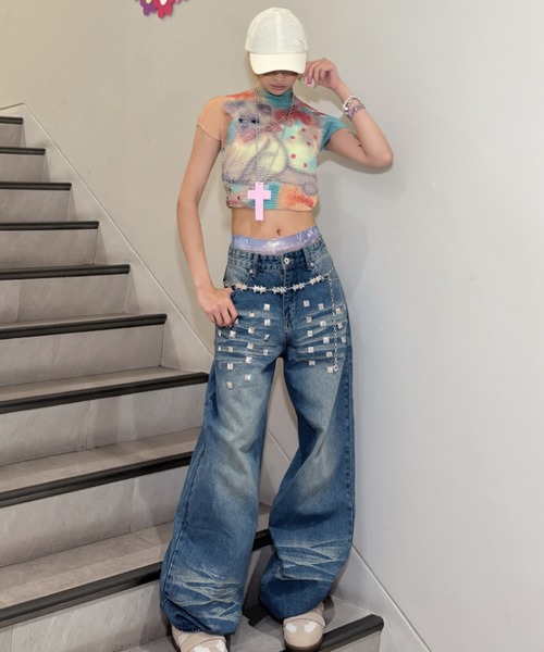 Never mind the XU(ネバーマインドザエックスユー)の「【Never mind the XU】studs washed wide denim pants / 【ネバーマインド ザ エックスユー】スタッズウォッシュドワイドデニムパンツ(デニムパンツ・メンズ・ブルー/ブラック・S/M)」の16枚目の写真