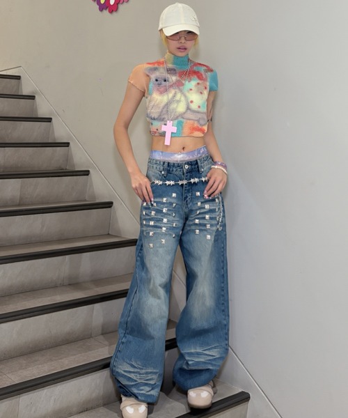 Never mind the XU(ネバーマインドザエックスユー)の「【Never mind the XU】studs washed wide denim pants / 【ネバーマインド ザ エックスユー】スタッズウォッシュドワイドデニムパンツ(デニムパンツ・メンズ・ブルー/ブラック・S/M)」の17枚目の写真