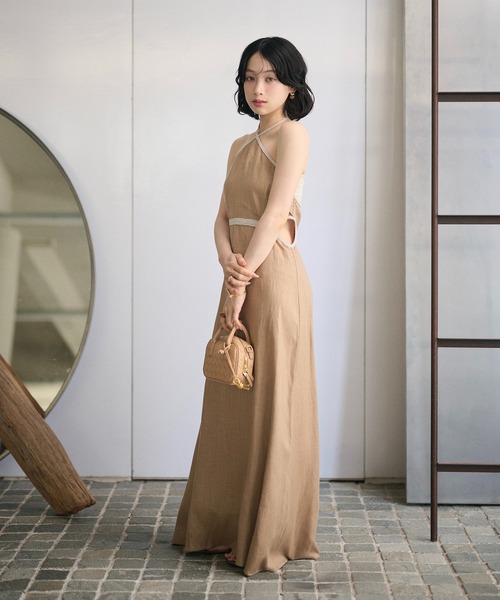 LAULEN(ローレン)の「contrast trim halter long dress /配色ホルターロングドレス(ワンピース・レディース・オレンジ系/ベージュ/ブラック・FREE)」の1枚目の写真