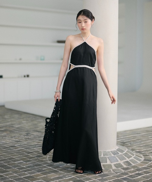 LAULEN(ローレン)の「contrast trim halter long dress /配色ホルターロングドレス(ワンピース・レディース・オレンジ系/ベージュ/ブラック・FREE)」の2枚目の写真