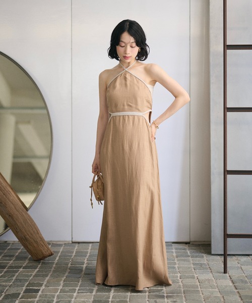 LAULEN(ローレン)の「contrast trim halter long dress /配色ホルターロングドレス(ワンピース・レディース・オレンジ系/ベージュ/ブラック・FREE)」の4枚目の写真