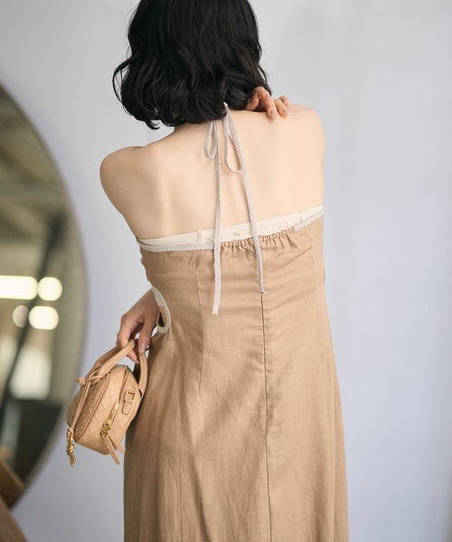 LAULEN(ローレン)の「contrast trim halter long dress /配色ホルターロングドレス(ワンピース・レディース・オレンジ系/ベージュ/ブラック・FREE)」の12枚目の写真