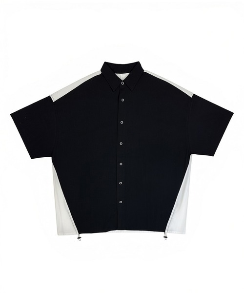 Starting Over(スターティングオーバー)の「bi pattern drawstring short-sleeve regular collar shirt/バイパターン ドロスト レギュラーカラー半袖シャツ(シャツ/ブラウス・メンズ・ブラック系その他/ブラック/ホワイト/ブルー系その他・XL/L/M)」の2枚目の写真
