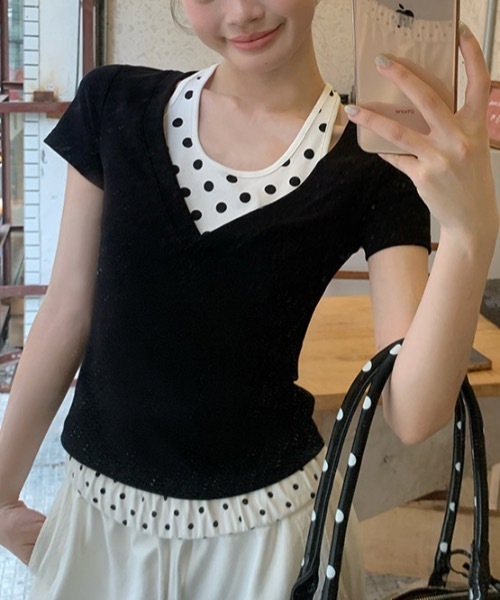 Alvia(アルビア)の「ドット切替ホルタートップス|重ね着風デザイン(Tシャツ/カットソー・レディース・ブラック・M)」の10枚目の写真