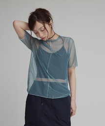 W:Huku（フーク）の「配色 パイピング シアー トップス（Tシャツ/カットソー）」