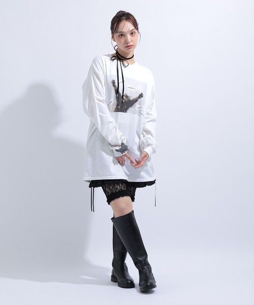 mmts(マミタス)の「【COLLABORATION】清水奈緒 / HAPPY デコ ロングTシャツ 旅行 レイヤード 洗濯可能 主役トップス ライブ 猫(Tシャツ/カットソー・レディース・ホワイト/ブラック・M/XL/L)」の5枚目の写真